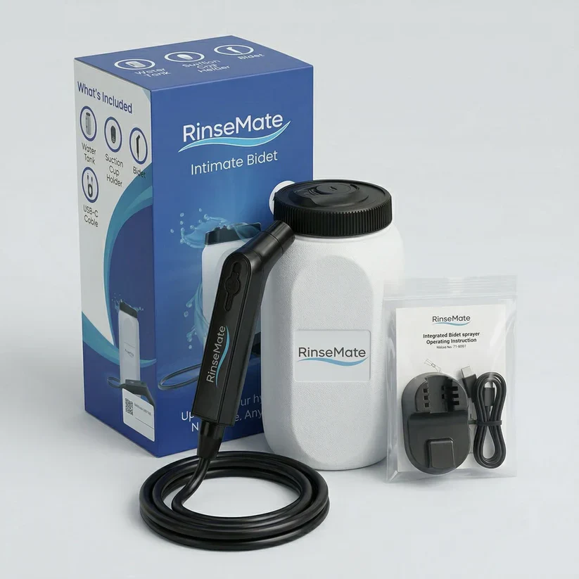 RinseMate kit with packaging and accessories